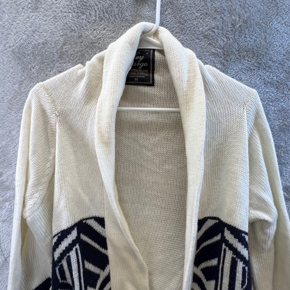 Key Largo Cardigan Cream Navy Geometric Fringe Wool Blend Cardigan M Boho Tribal